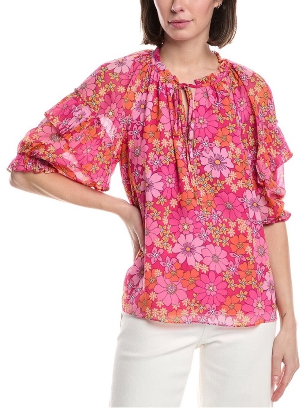 Ramy Brook Blouse Top Shirt XS XSmall Janae Floral Colorful Retro Ruffle Pleated